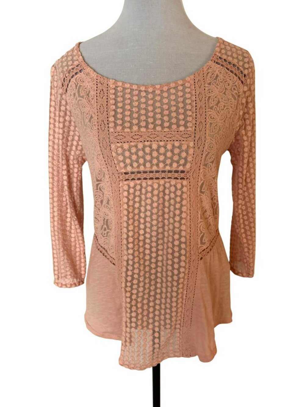 Lucky Brand Peach Cotton/Modal Blend Lace-Front 3/4 Sleeve Top Size S